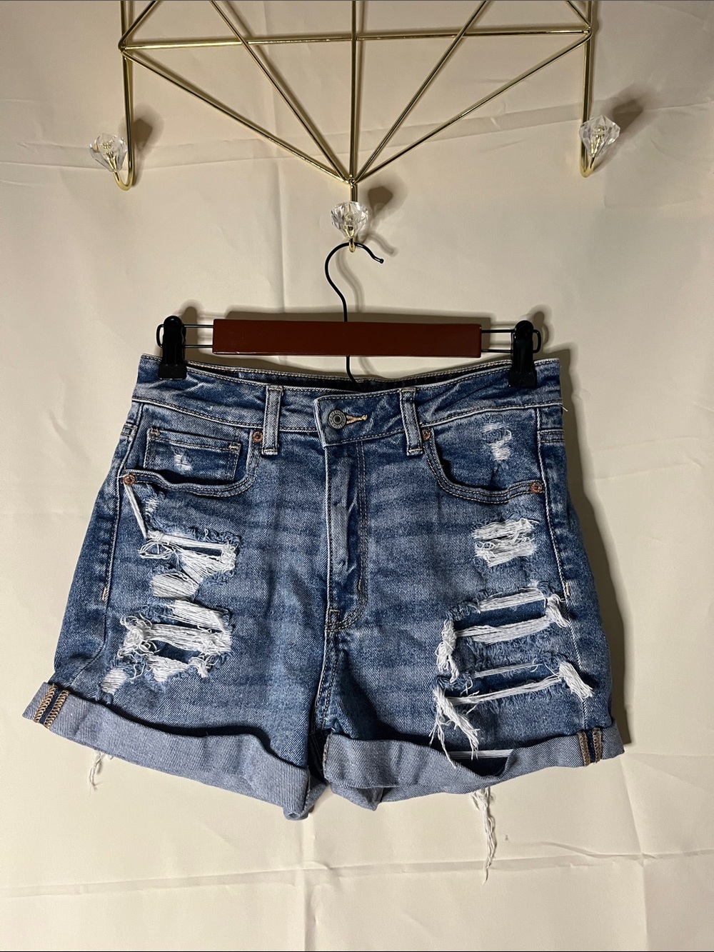 American Eagle Outfitters Blue Distressed Rolled Hem Jean Shorts
